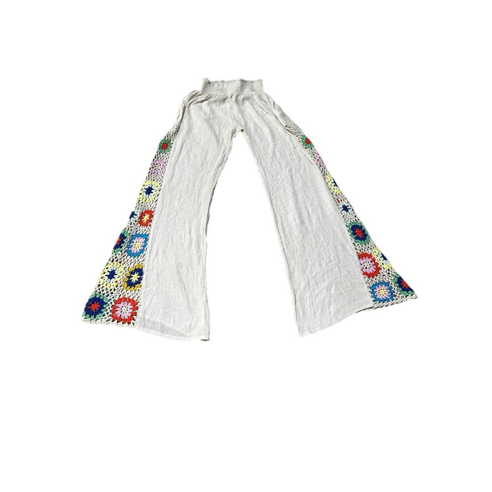 Elan W Small White Gauze Wide Leg Pants Crochet Trim Boho Beach Resort Festival